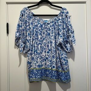 CeCe Off-Shoulder Blue Floral Tie-Sleeve Boho Peasant Top Sz XL